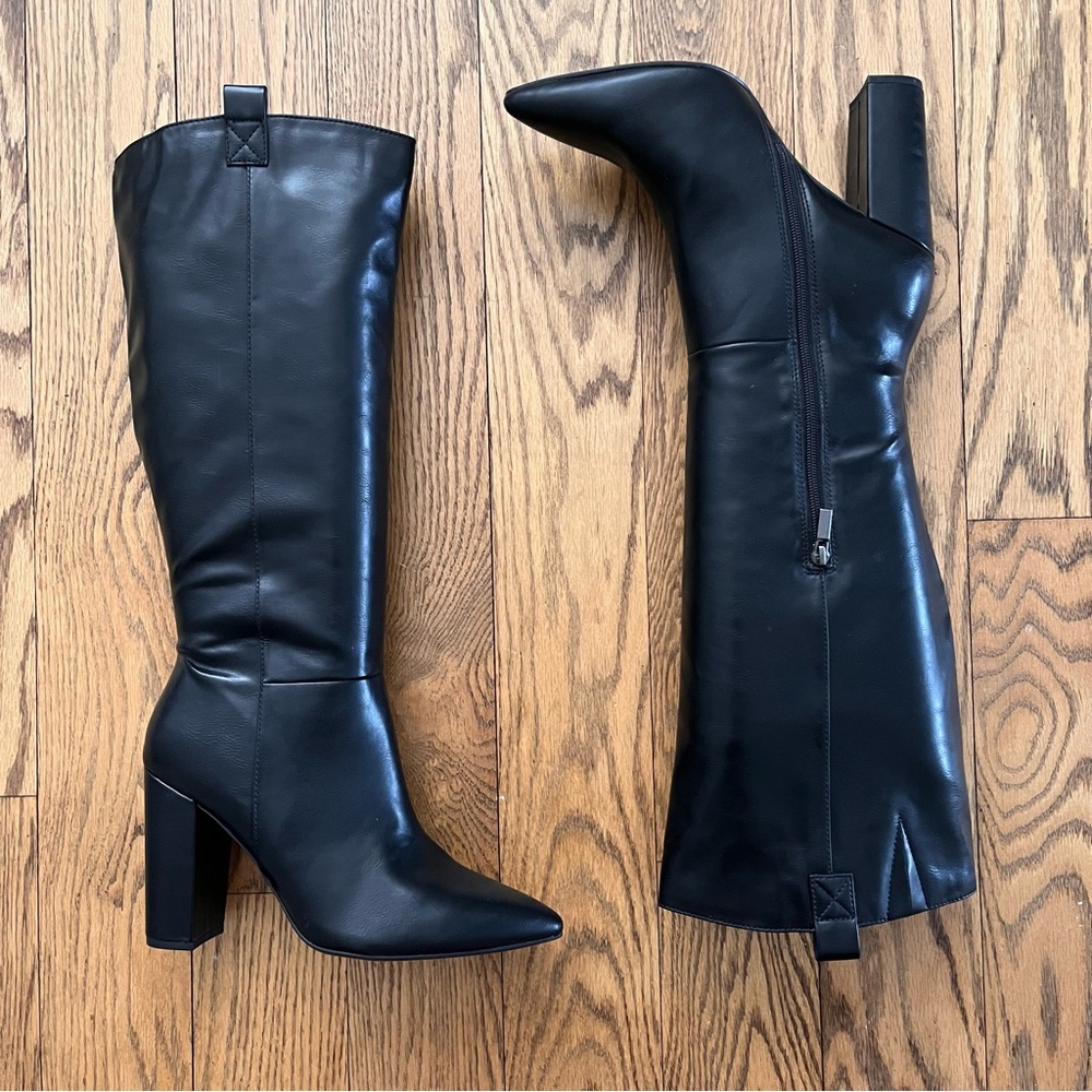 JUSTFAB Wren Black faux leather 4" block heel knee boots, SZ 12